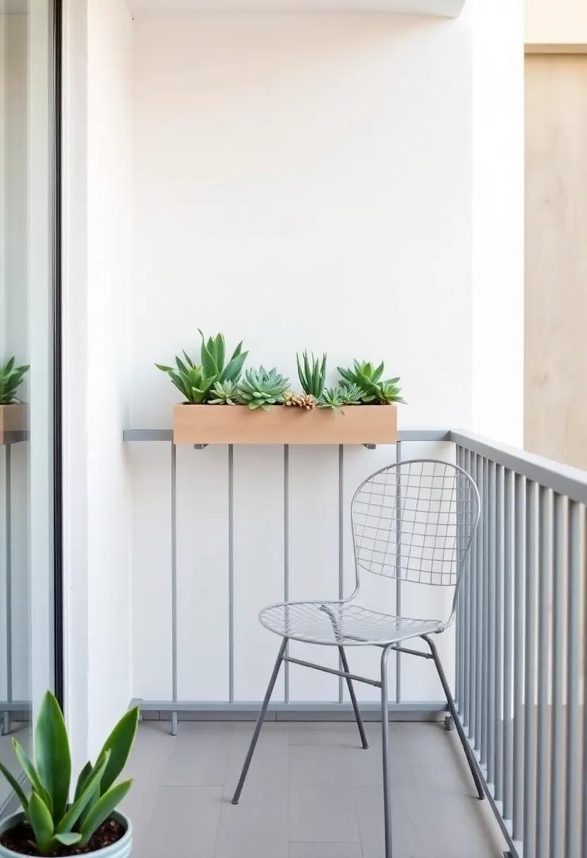 A narrow balcony features a railing-mounted garden box filled with succulents and a simple metal chair, maximizing style without sacrificing ⁣space