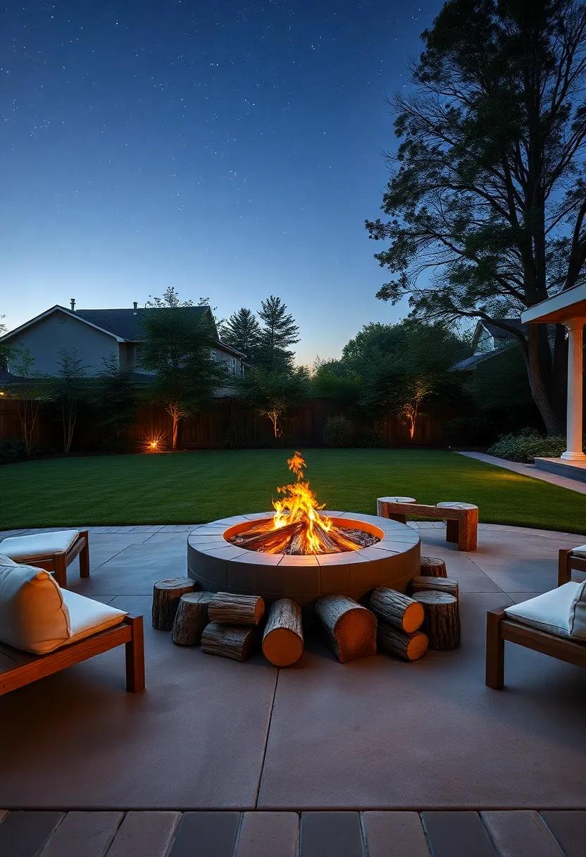 An expansive backyard embraces minimalism ⁢with a large, circular firepit surrounded by simple wooden logs, inviting cozy​ gatherings under the stars