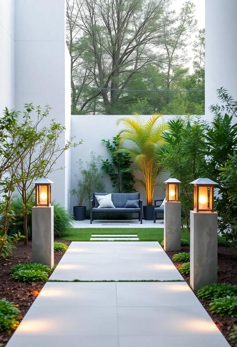 A ​garden pathway is framed ​by minimalist stone lanterns, providing subtle lighting and enhancing the ​serene ambiance of the outdoor space