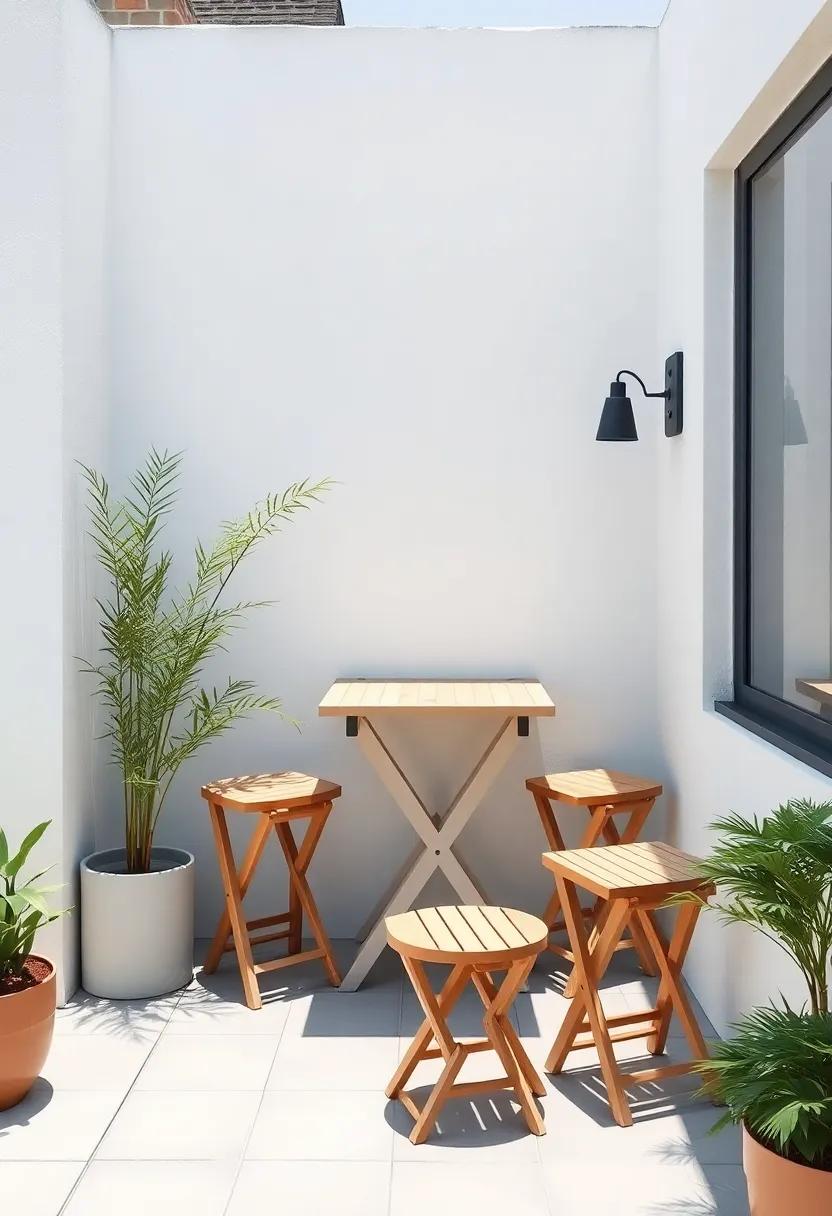 A compact terrace features a⁢ wall-mounted folding table and stools that cleverly save space, blending practicality with contemporary style