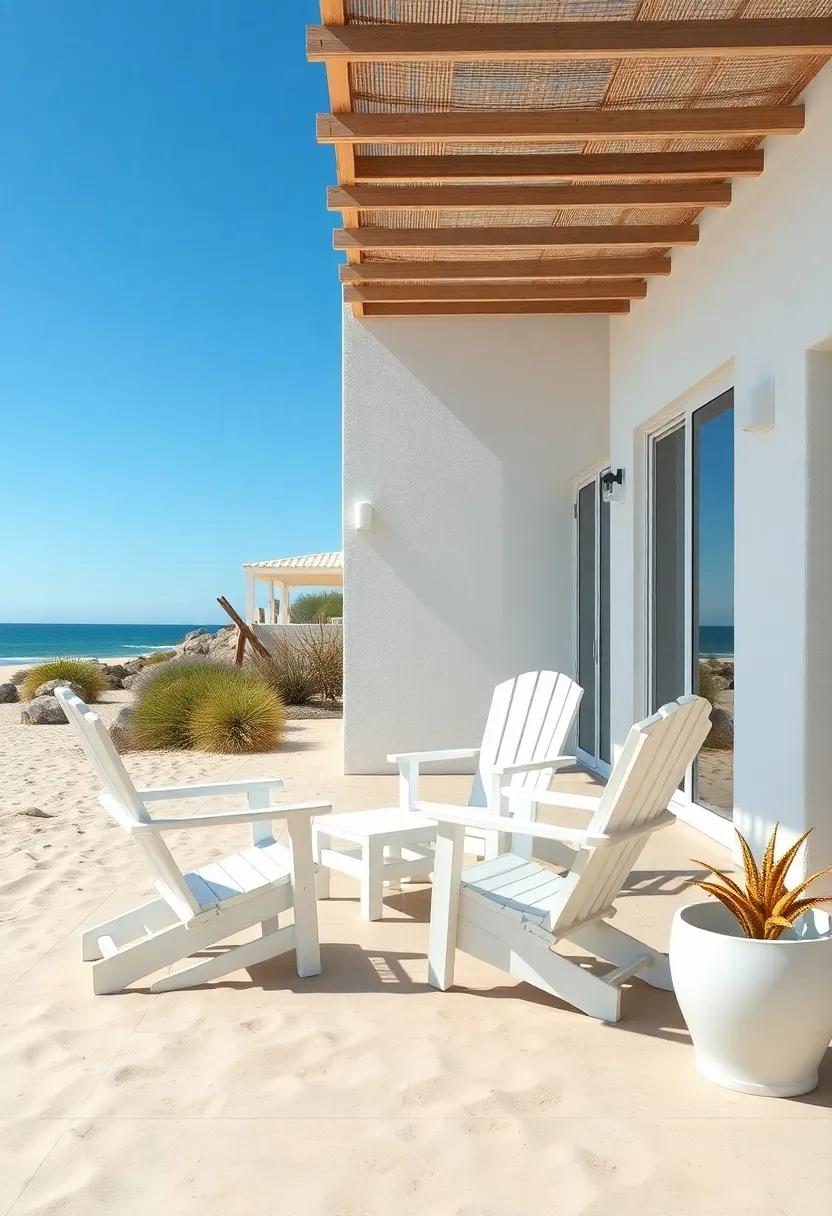 A minimalist coastal patio is adorned with simple, whitewashed Adirondack chairs that blend seamlessly ​with the sandy surroundings, offering a perfect spot for morning coffee