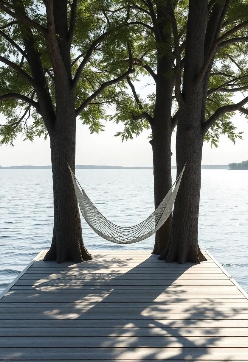 A lakeside dock highlights a single stylish ⁢hammock strung between two trees, offering the ultimate relaxation spot with a view of ​shimmering waters