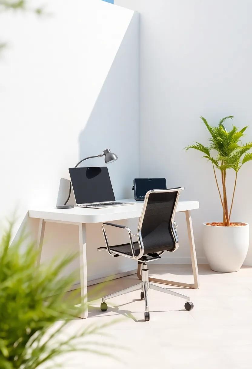 An outdoor workspace is‍ defined by a sleek, minimalist ⁢desk paired with an ⁤ergonomic chair, combining utility and style in a natural⁢ setting