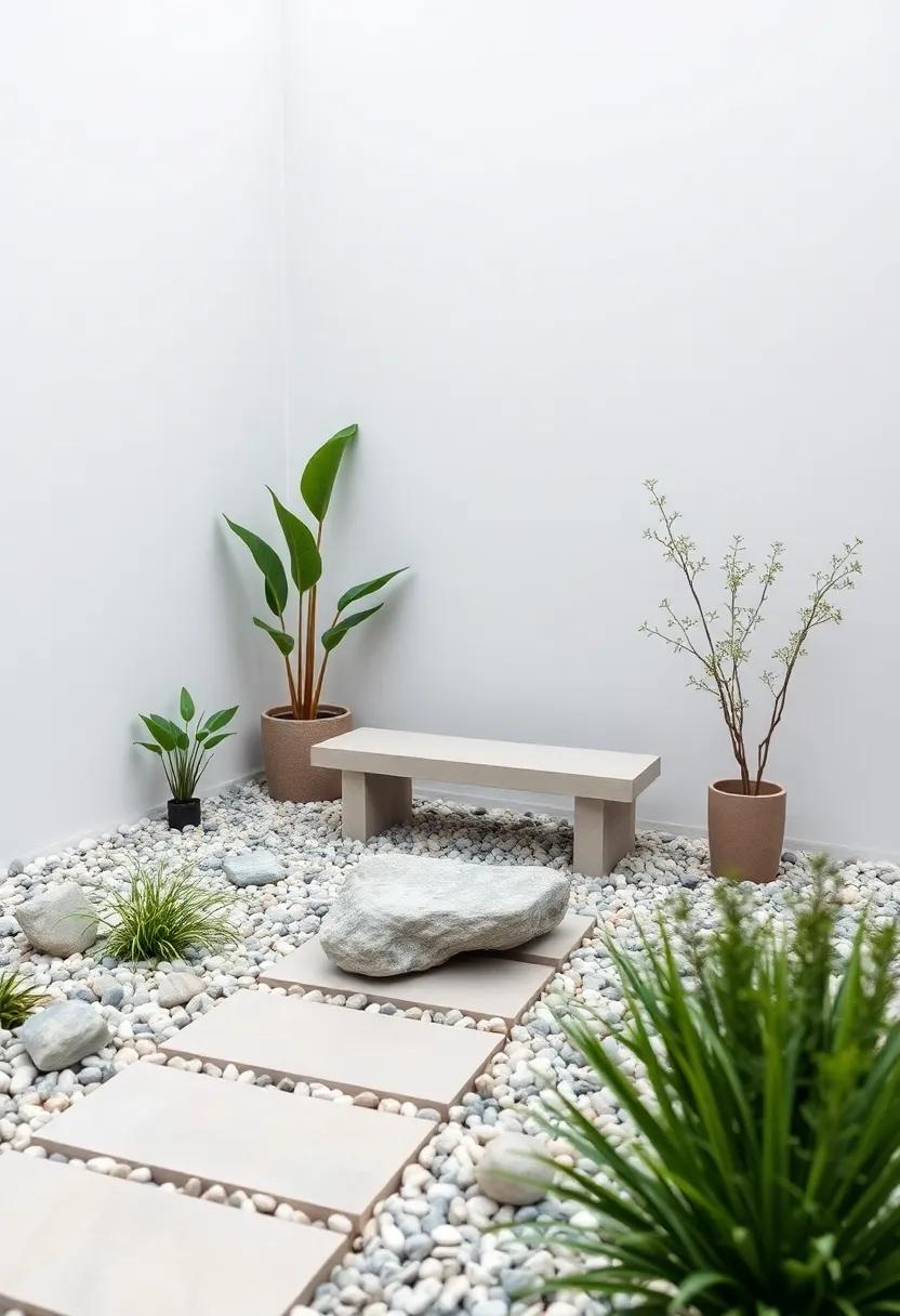 A backyard zen area⁤ includes a single stone bench surrounded by carefully curated​ pebbles and minimalist plants, fostering tranquility and peace