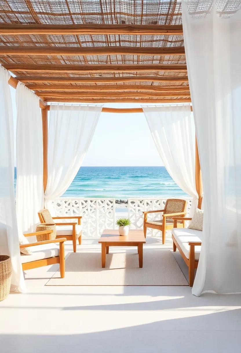 A beachside⁢ retreat features a simple wooden ⁤cabana adorned with sheer⁢ curtains, creating a tranquil space for enjoying the ocean breeze