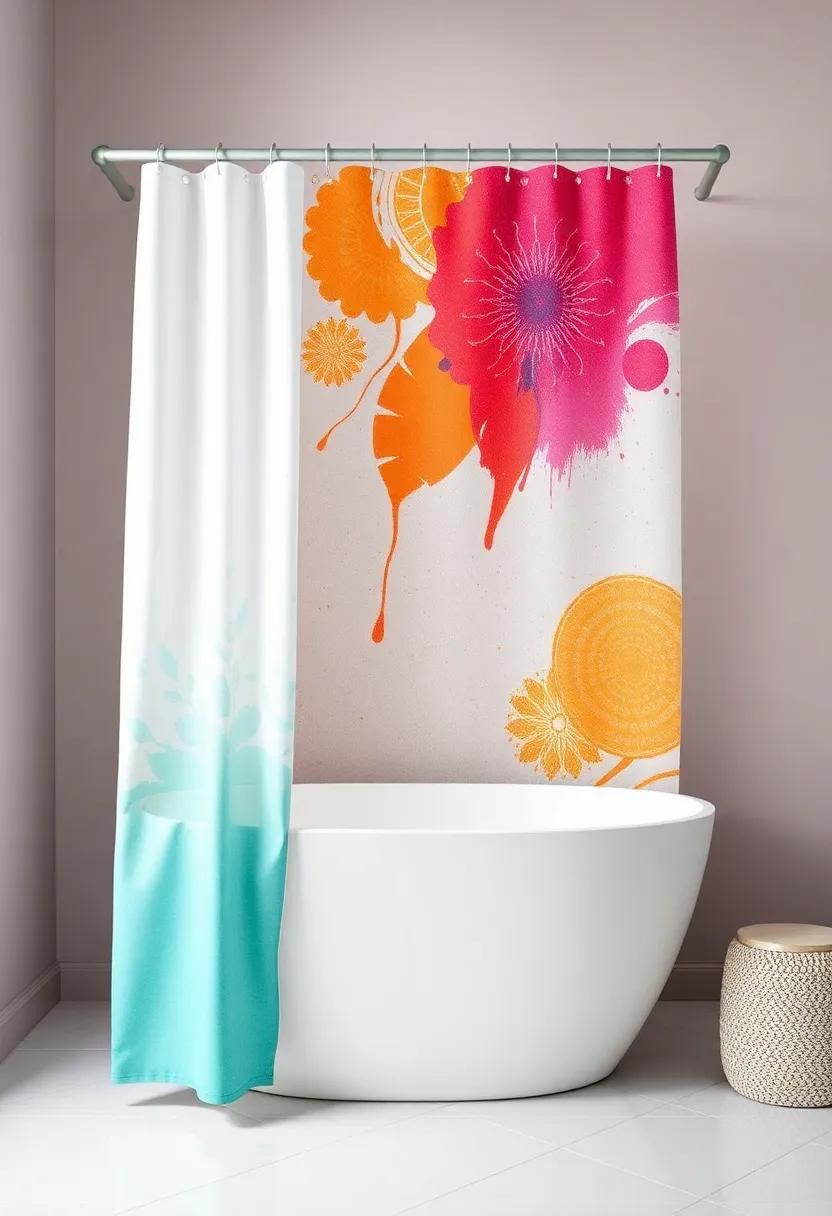 Artistic Shower Curtains: Incorporate an artistic shower curtain with⁢ bold ⁢patterns or ‌vibrant colors to add personality while serving a practical purpose