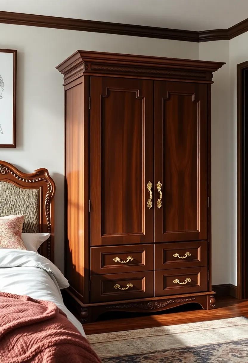 Luxe Mahogany: ‍Elevate your bedroom with a rich ⁣mahogany‍ wardrobe​ featuring ornate​ details ⁣and golden⁢ handles, perfect for a ​touch ⁣of opulence