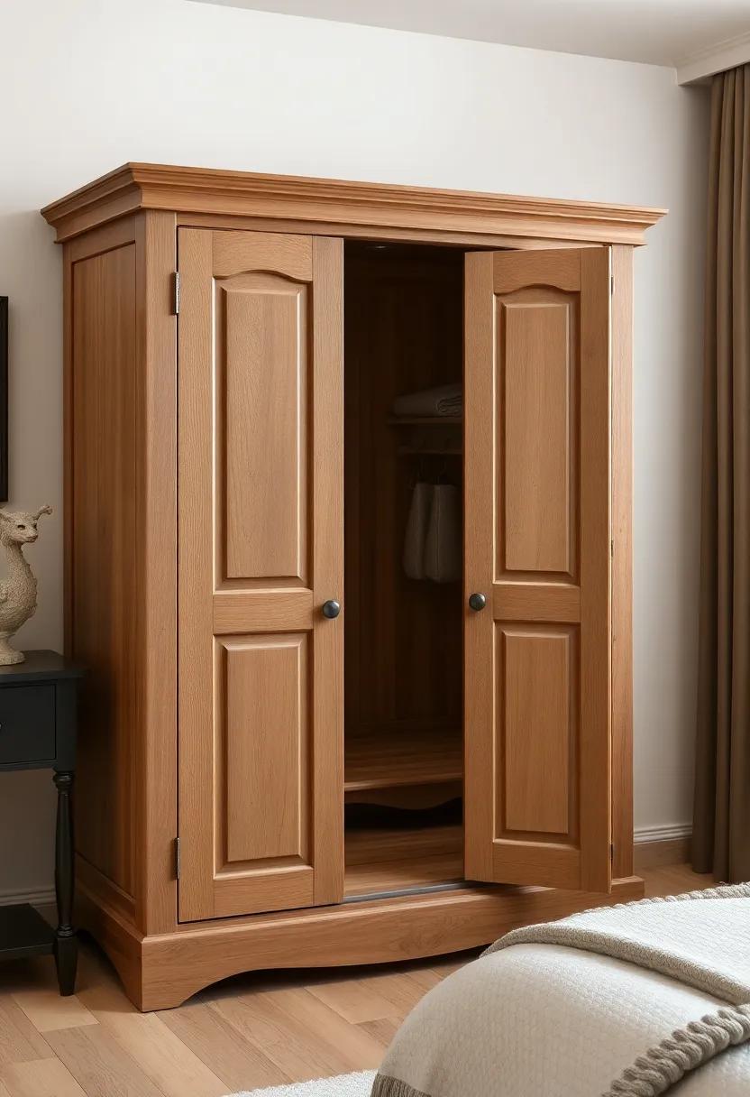 Rustic charm: Embrace a⁤ vintage⁢ feel‍ with ⁢a weathered‍ oak wardrobe featuring intricate carvings and antique metal handles ​that ⁢tell a story