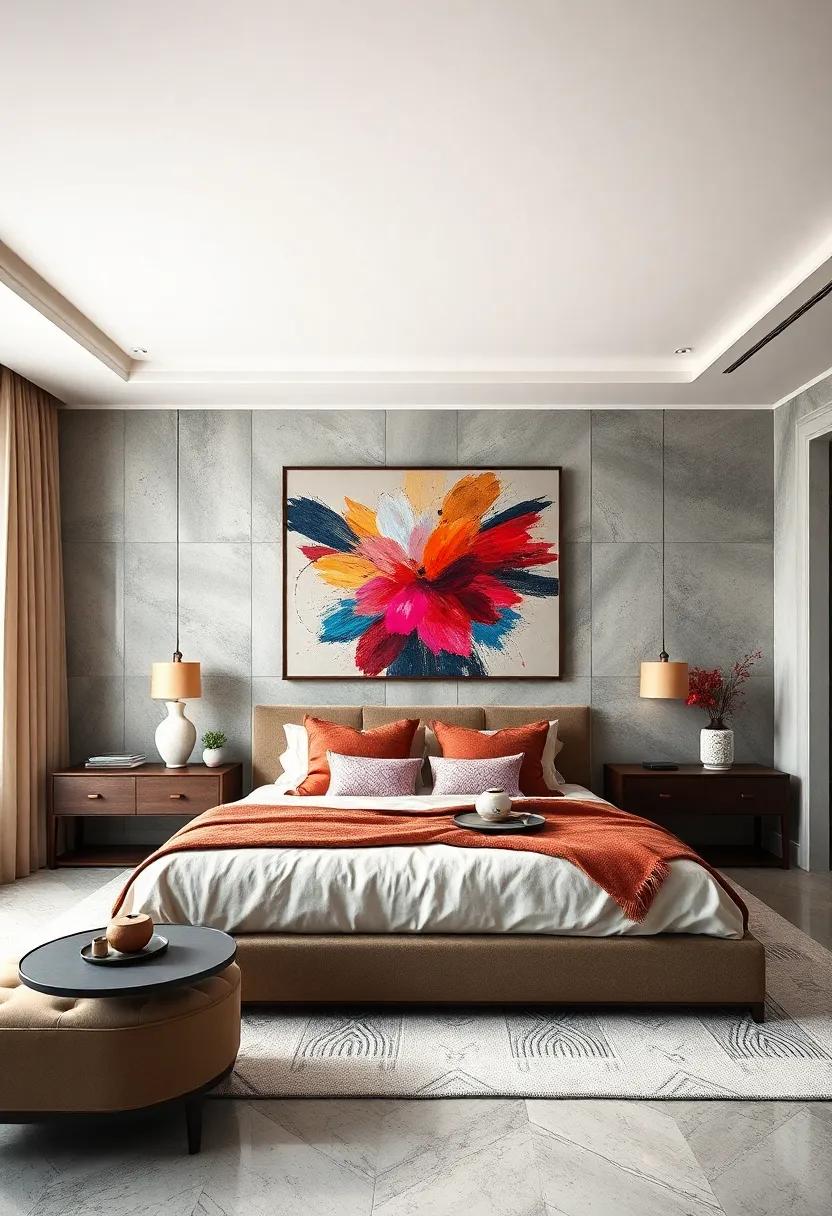 Create drama with ‌a large,dramatic‍ artwork⁤ that ⁣hangs above​ the⁣ bed,anchoring the room's aesthetic and ‍serving ⁤as a stunning​ focal point