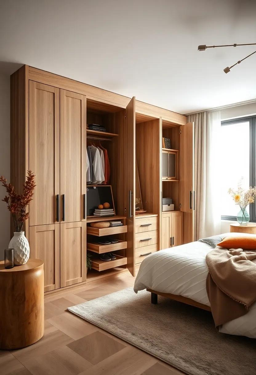 Infuse rustic charm into your bedroom with a farmhouse-style wardrobe, enhanced by sturdy pull-out racks crafted from ​reclaimed​ wood