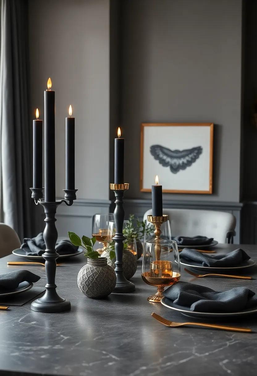 Elegant ‍Black Candles: Create a warm and inviting atmosphere with tall black candlesticks paired with glimmering gold holders for a touch of luxury