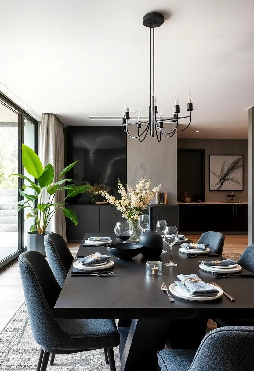 Artistic Centerpiece Bowls: Use large, artistic black bowls as centerpieces,‌ filled with seasonal fruits or flowers, to make a sophisticated statement