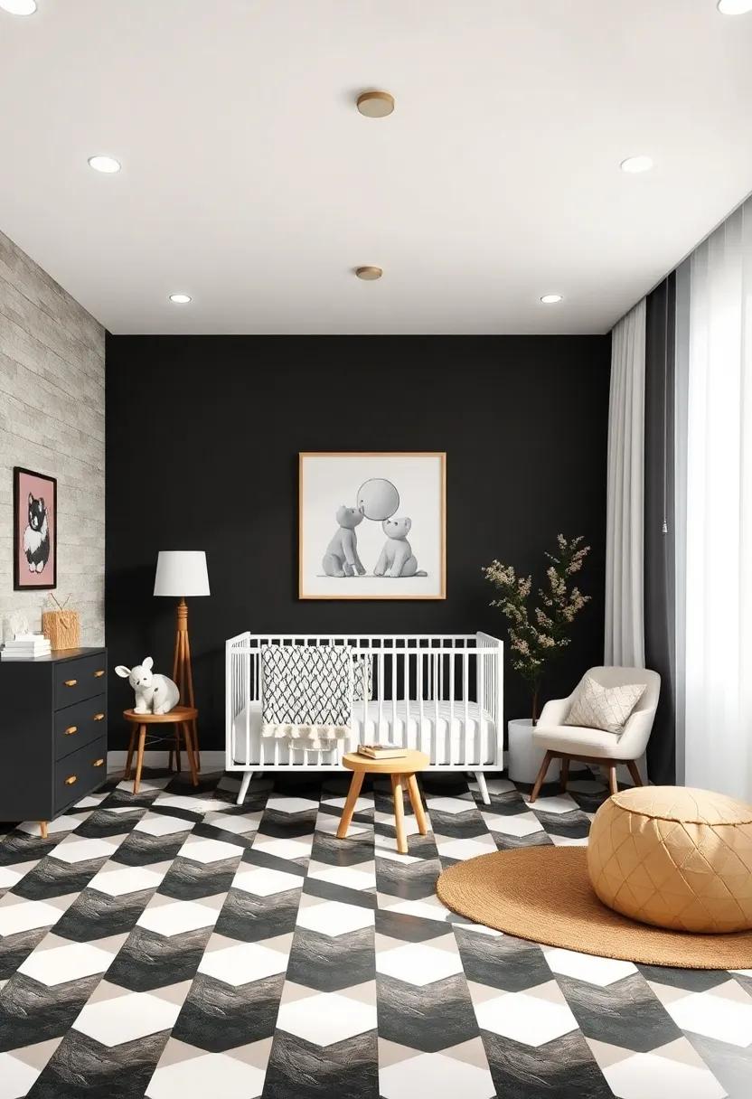 Classic Checkerboard: embrace a timeless checkerboard pattern on the nursery floor or walls for a stylish and playful backdrop that ignites imagination