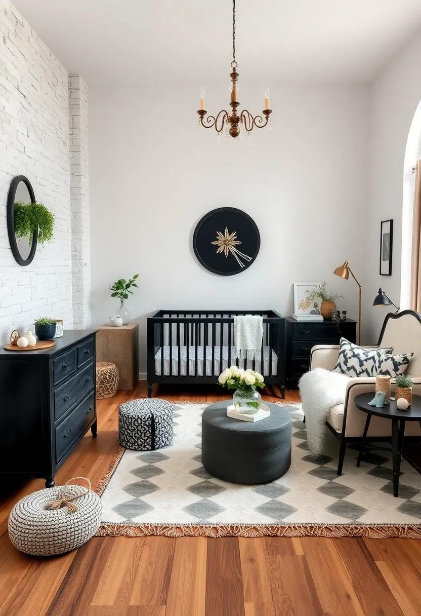 vintage Flair: Embrace a nostalgic vibe by mixing antique black and white furniture with modern decor for an eclectic yet cohesive nursery
