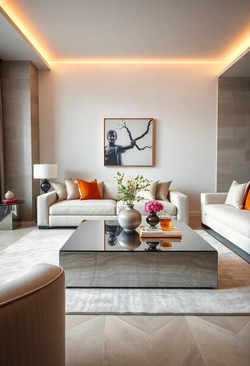 Embrace a Mirrored ‌Coffee table: ‍A stunning⁢ centerpiece that reflects⁢ light and⁣ adds depth to‌ your living space