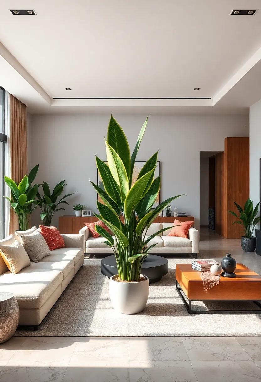 Snake⁣ Plant: Known for‌ its architectural lines and air-purifying qualities, this plant is⁢ a functional piece of art in your​ living room