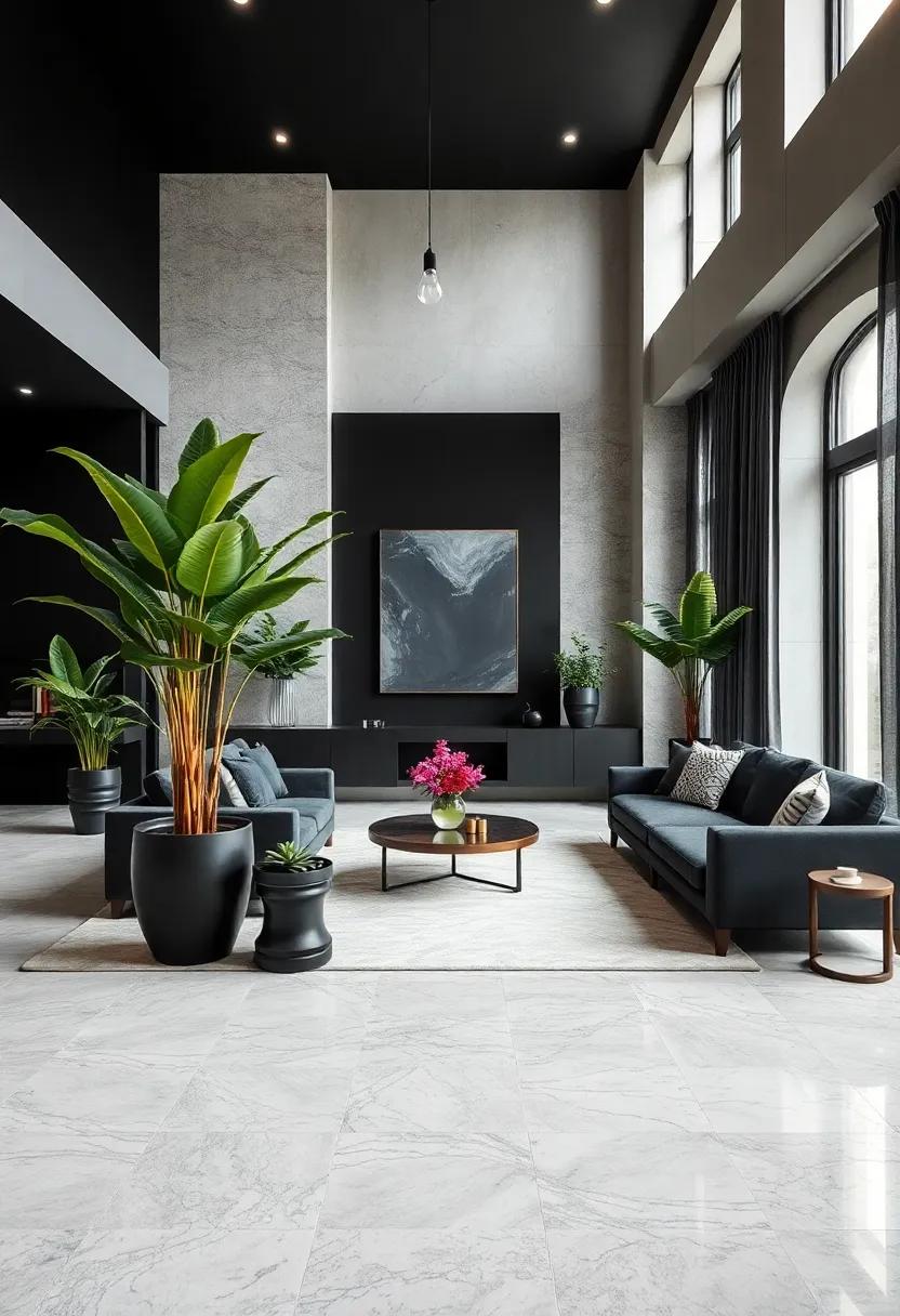 Large-Scale Plants:‍ Include⁢ statement indoor⁤ plants or a‍ tall black planter to introduce height and⁣ an organic ⁢touch to the design