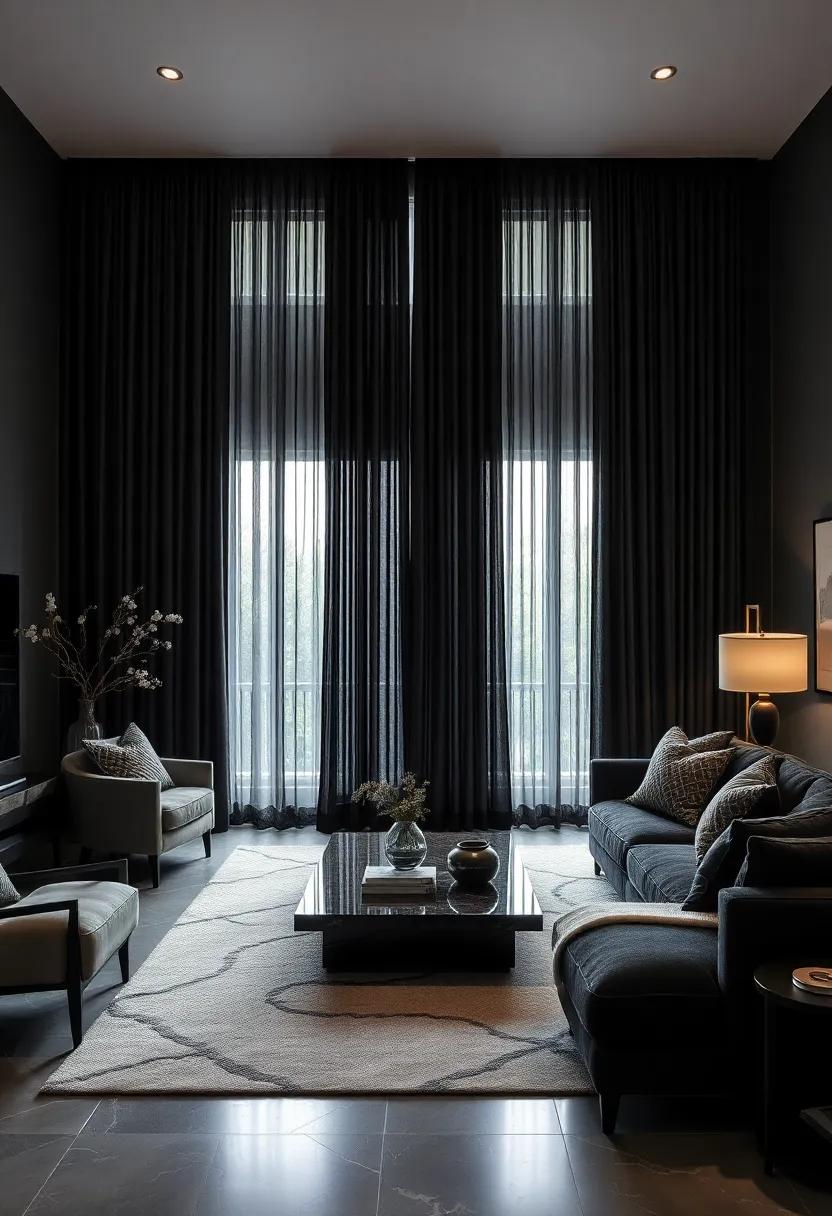 Stylish⁢ Curtains: ‌Hang floor-to-ceiling drapery in a⁢ soft black​ fabric ‍to​ draw the eye‍ upward and add an elegant‌ frame to the​ windows