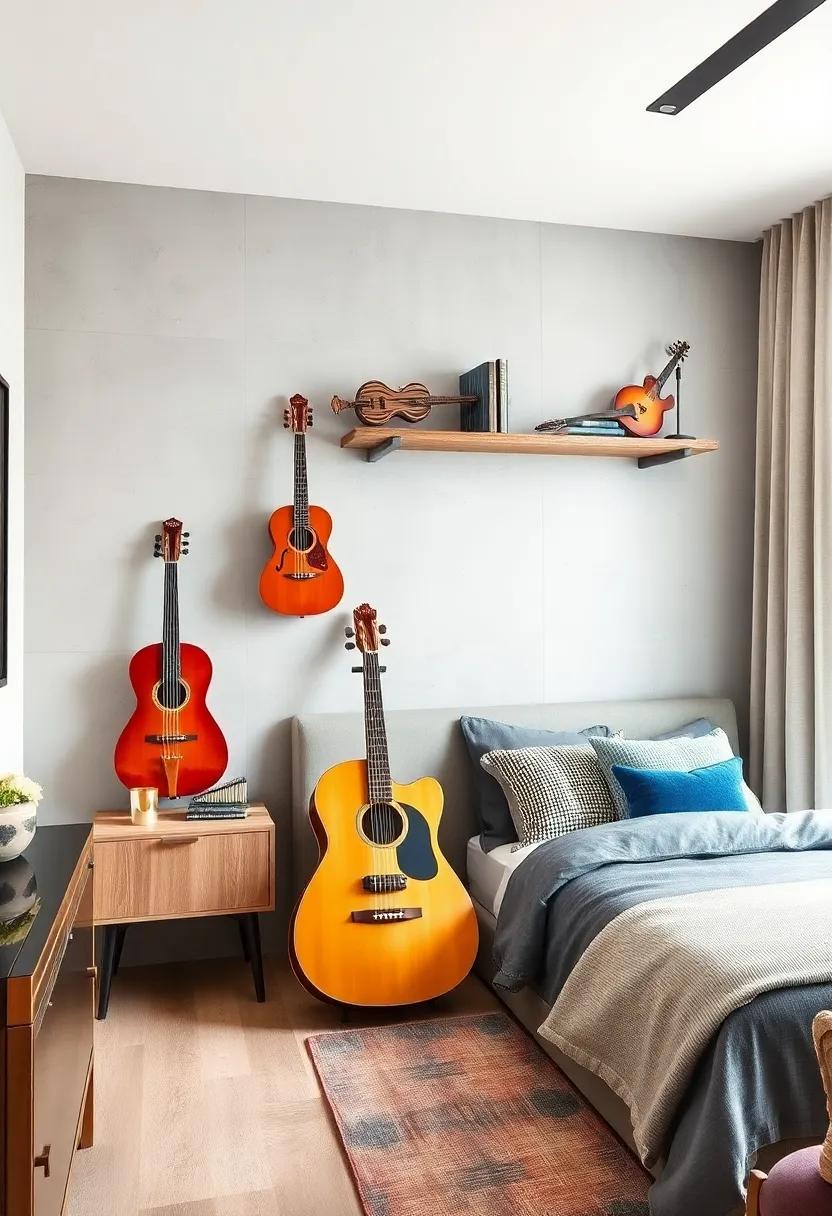 DIY ​Instrument shelves: Repurpose old instruments into unique shelving units or bedside tables, combining function with a love for music