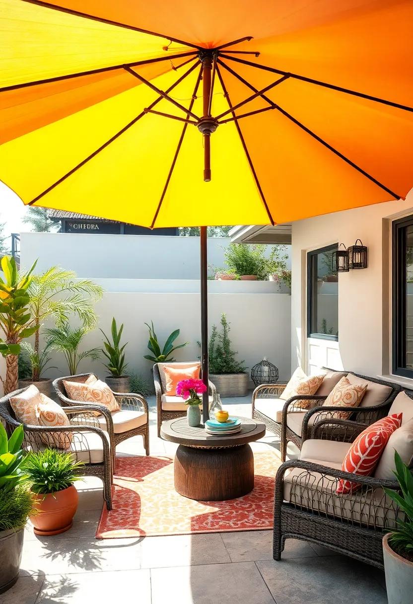 Colorful patio Umbrella:‌ Embrace the sunny days with a vibrant ​patio umbrella that adds shade and ​a splash of color to your outdoor dining or lounging area
