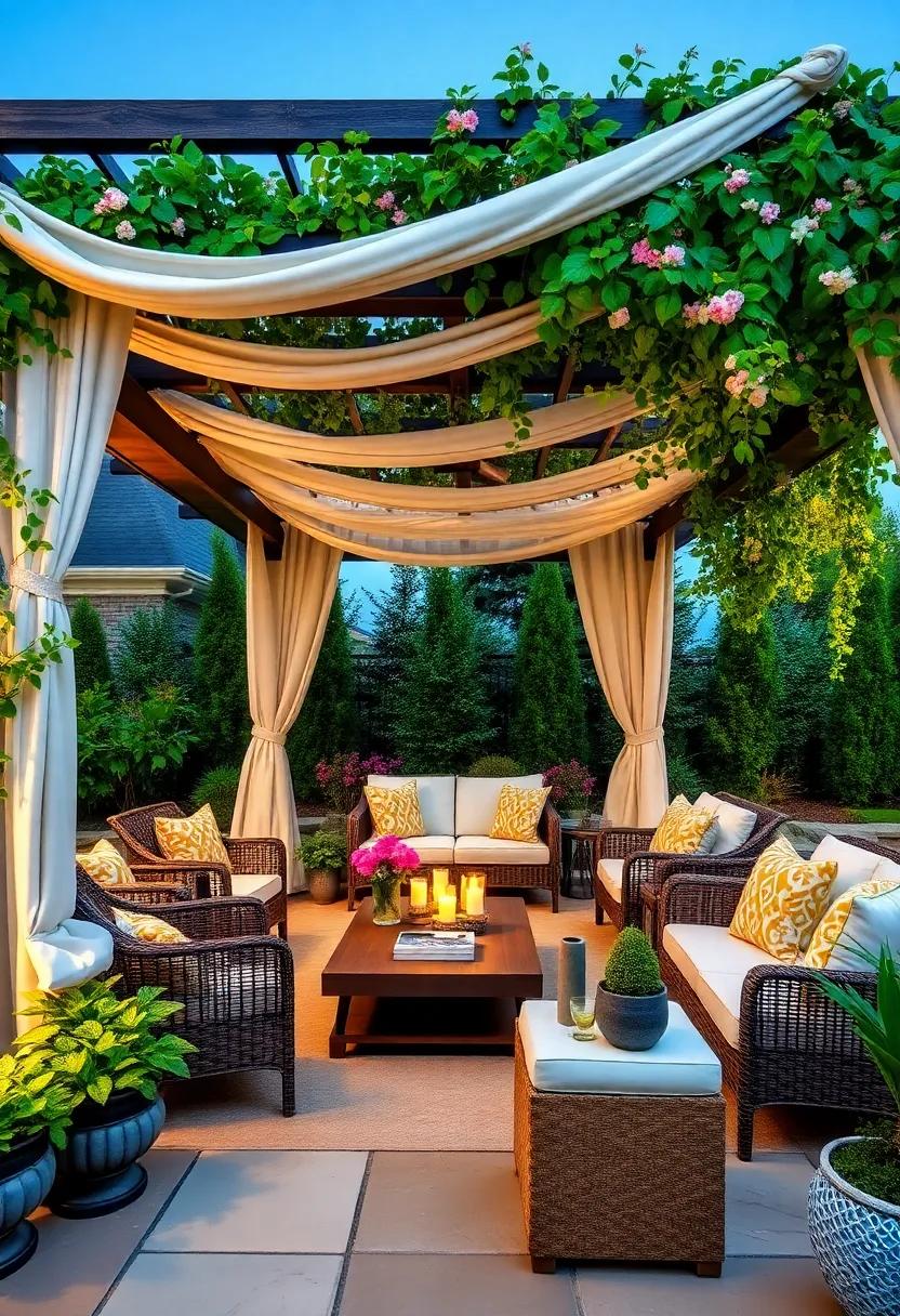 Lavish Pergola Retreat: Build a ⁤stunning pergola draped with⁢ flowering ​vines and soft fabric to ​create​ a shaded retreat perfect for lazy afternoons or evening gatherings