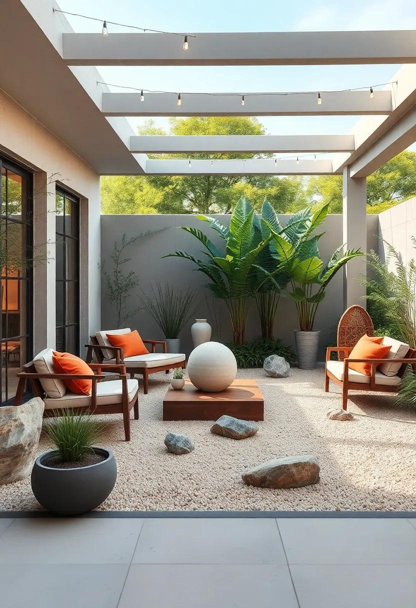Serene Zen Garden: Design a tranquil zen⁣ garden featuring sand, stones, ⁤and minimalist⁤ sculptures ​to promote mindfulness and relaxation