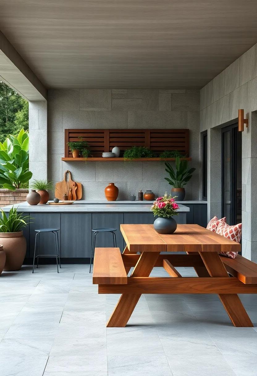 Picnic Table ​Integration: combine a‌ countertop with a picnic table setup, blurring the lines between dining ​and food preparation areas