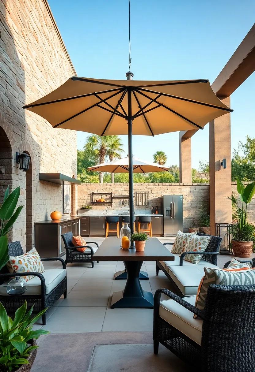Chic Umbrella: Use stylish umbrellas‌ to ​provide shade over ​your dining area while⁢ complementing your overall design