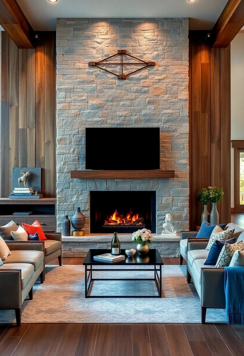 Delight in the bold contrast of a sleek stone fireplace set against weathered wood accents,creating a striking focal point that radiates both comfort and luxury