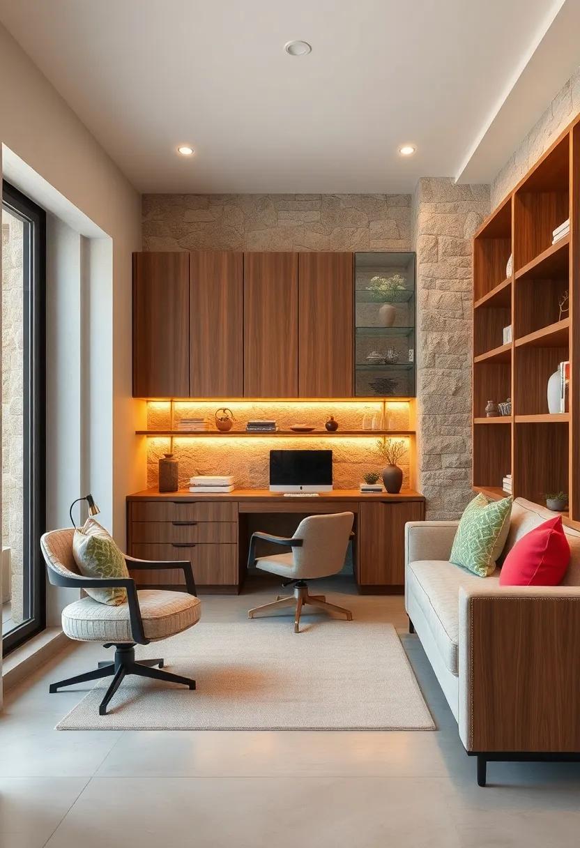 Delight in the combination of sleek cabinetry and rustic stone accents in a home office, creating a productive yet inviting workspace⁤ that inspires⁢ creativity