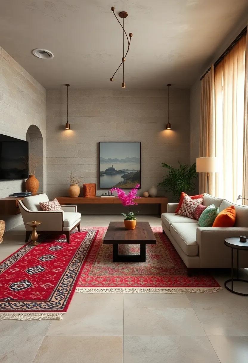 Enjoy the‌ visual delight of layered rugs that blend rich patterns with modern simplicity, grounding the space while ⁢enhancing its rustic luxurious feel