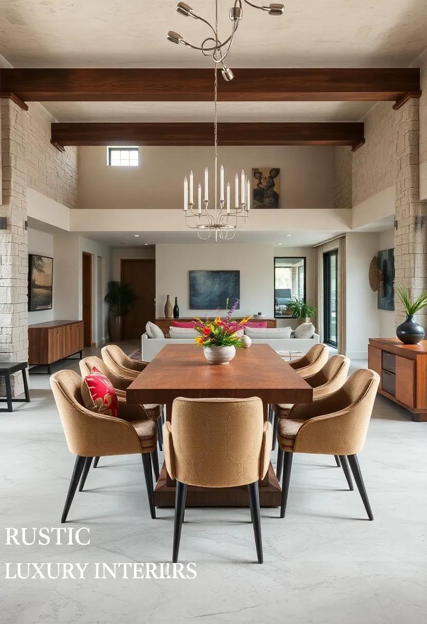Explore the elegance of an‌ open-concept dining area, featuring a rustic ⁤wooden table accompanied by contemporary designer chairs ​that blend ⁤traditional warmth with ‌modern ​flair