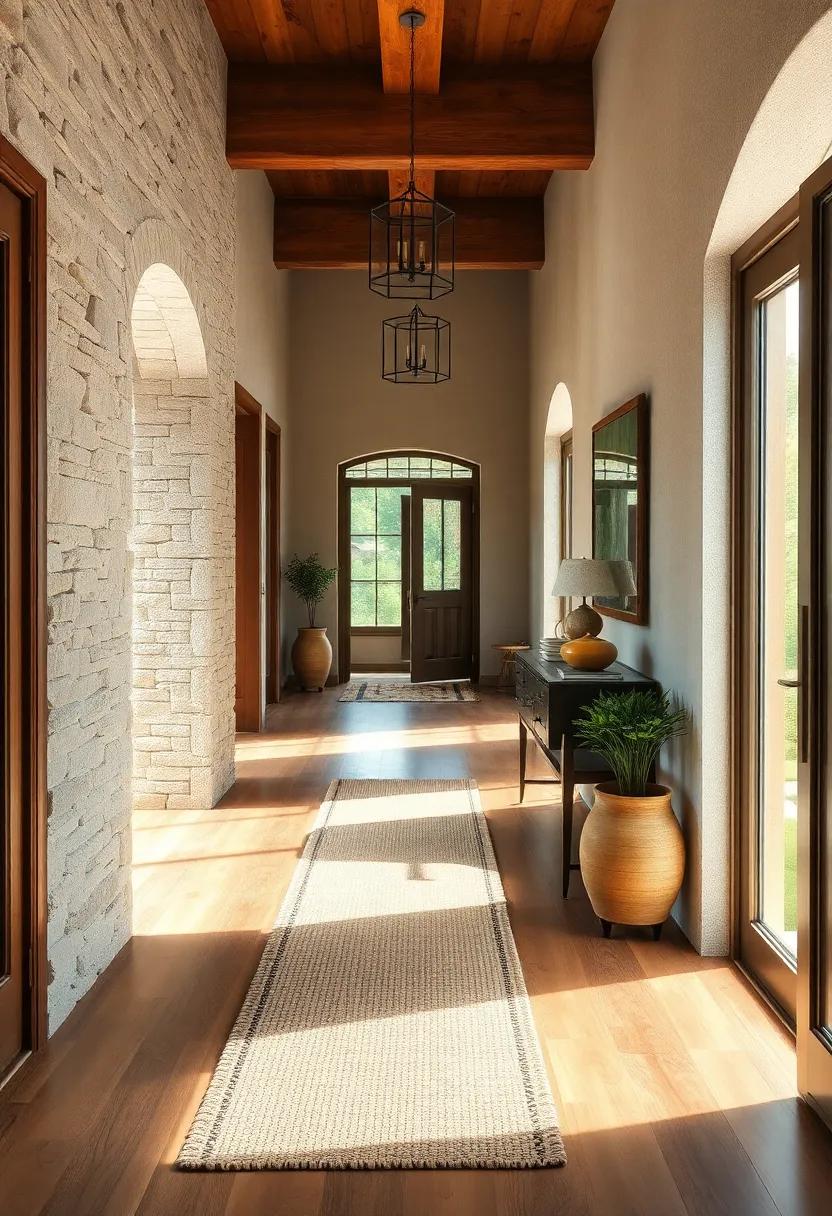 Explore the interplay of textures in a rustic hallway, where a woven⁢ runner⁢ contrasts with polished hardwood floors, creating a beautiful flow throughout the home