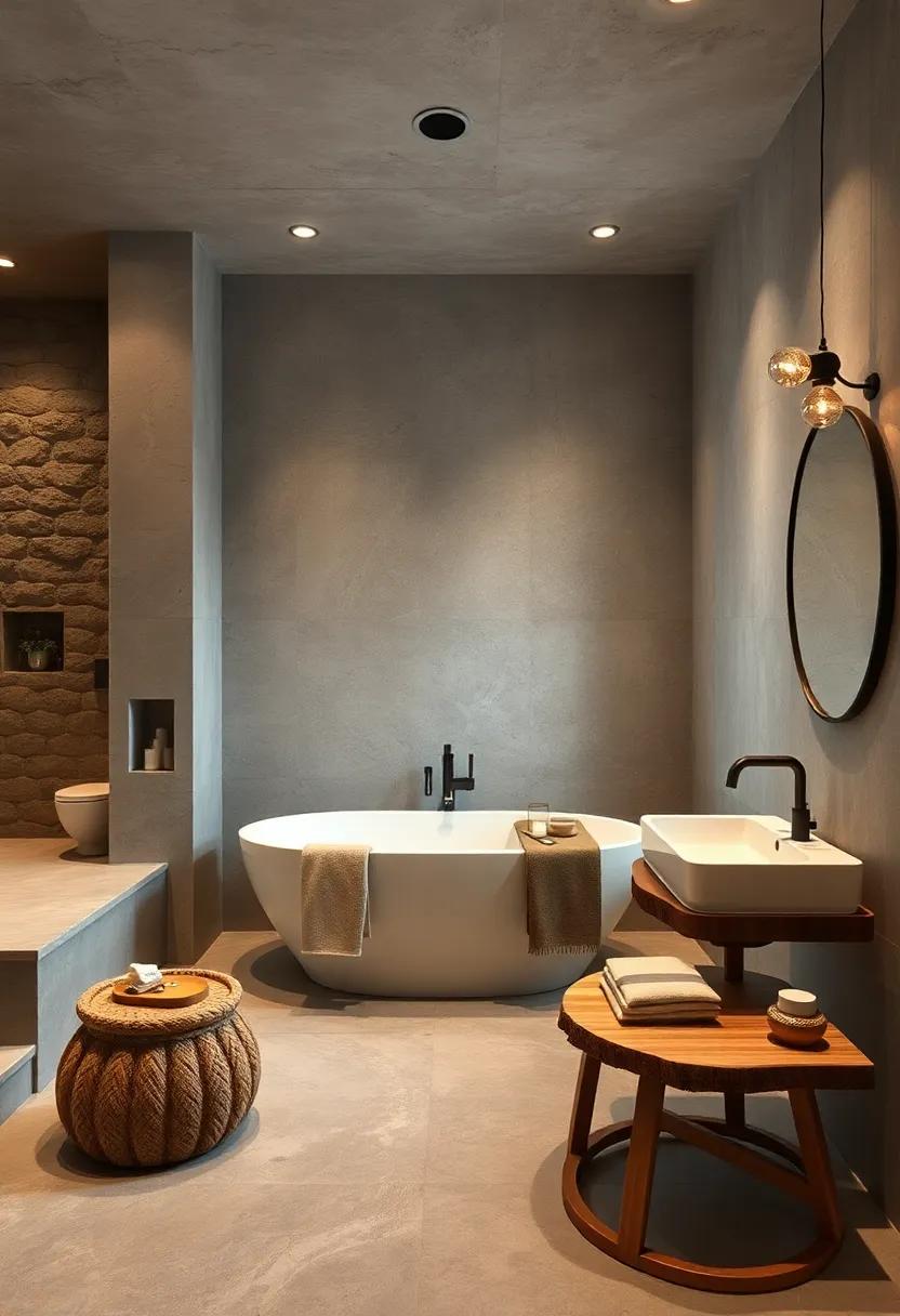 Indulge ⁤in a spa-like bathroom ⁣that combines natural materials and contemporary design,⁤ featuring a freestanding soaking tub nestled⁤ beside wooden accents for a touch of luxury