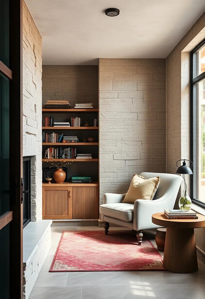 Revel in a cozy reading nook, ⁤complete with built-in shelving and a sumptuous armchair, creating a perfect‌ escape that embodies rustic elegance and relaxation