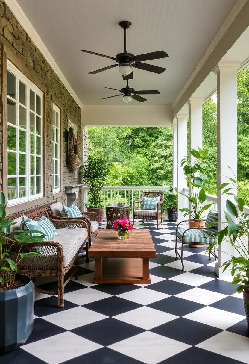 classic ⁢Checkerboard Floors: ‌Consider a classic black-and-white ‌checkerboard​ pattern for your porch ‌flooring, adding a touch of elegance and⁣ nostalgia