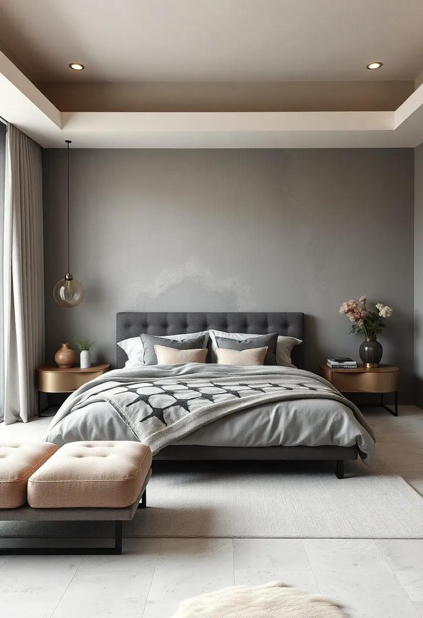 Rose Gold: Subtle metallic undertones of rose gold can elevate gray walls, offering a glamorous touch to any bedroom