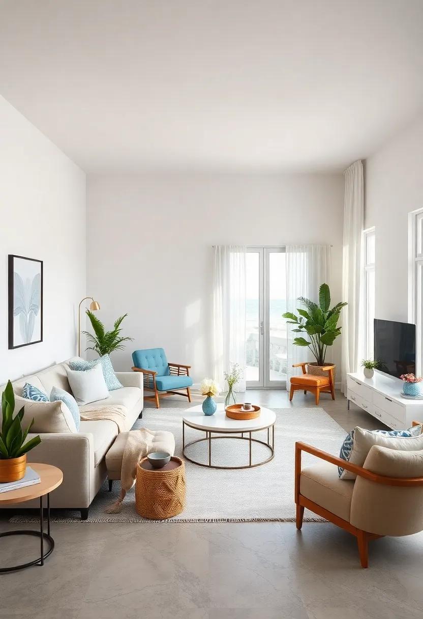 Embrace a Soft Color Palette: Use⁢ shades of blues, whites, and sandy beiges ‌to mimic the ⁤ocean and⁣ beach, creating a‌ tranquil atmosphere ‌in your⁤ living room