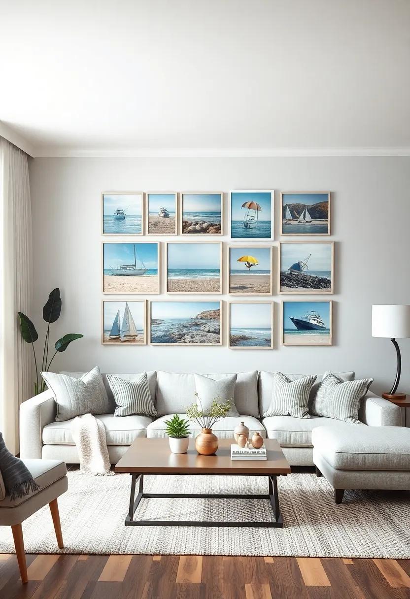 Install ⁤a Beachy ⁤Gallery Wall: curate a collection of seaside-inspired photographs⁢ and art pieces to form a striking focal ⁢point in your living​ room