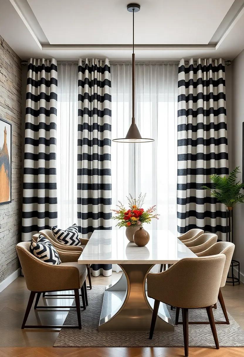 Hang graphic ⁢black-and-white striped curtains that create ‌a striking contrast in a‍ contemporary dining space,playing with patterns and proportions