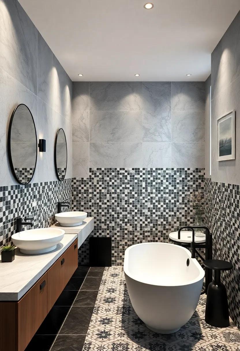 Monochrome Marvel: Sleek ​black ⁣and white tiles arranged in intricate patterns ⁤give the bathroom a sophisticated and timeless aesthetic