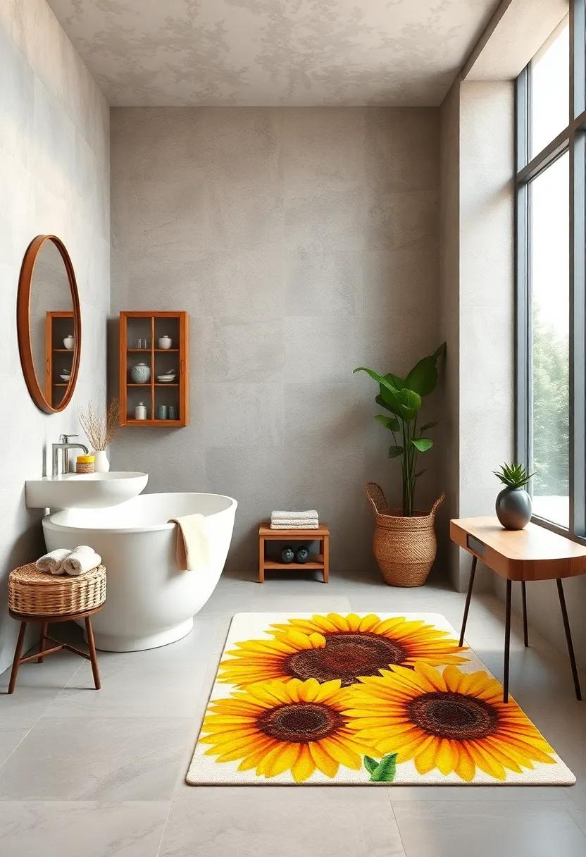 Cheerful Sunflower Print Rug‌ - Brighten up your ‍bathroom with a cheerful sunflower print rug, ⁤effortlessly bringing a bit of nature and joy into your space