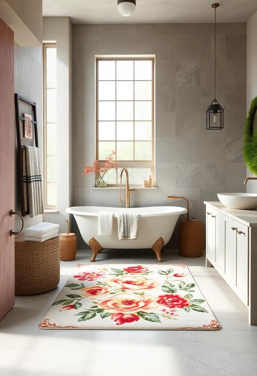 Distressed ⁢Floral⁣ Print Bath ​Rug -⁣ A​ distressed floral print bath rug ‍can bring a touch of traditional elegance to your bathroom,making it a perfect focal point