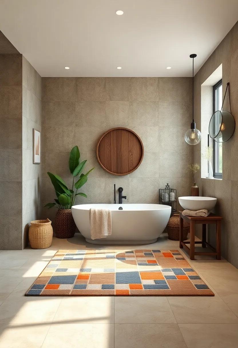 Earthy Tones Mosaic Bath Rug - A mosaic​ bath rug in subdued earthy tones creates a natural ​ambiance that enhances the tranquil feel of⁣ a rustic retreat