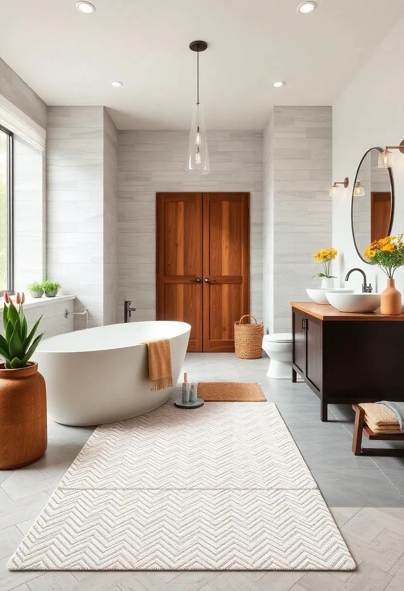 Neutral Herringbone Pattern Bath Mat - A neutral herringbone pattern bath mat adds subtle ‍sophistication while blending seamlessly⁤ with any farmhouse theme