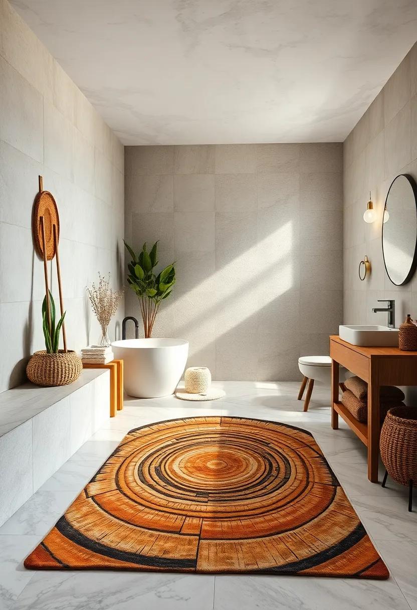Rustic Wood Slice Design - A rustic wood slice design rug can bring the ⁤charm of​ the outdoors into your bathroom, creating ⁣a warm and inviting setting