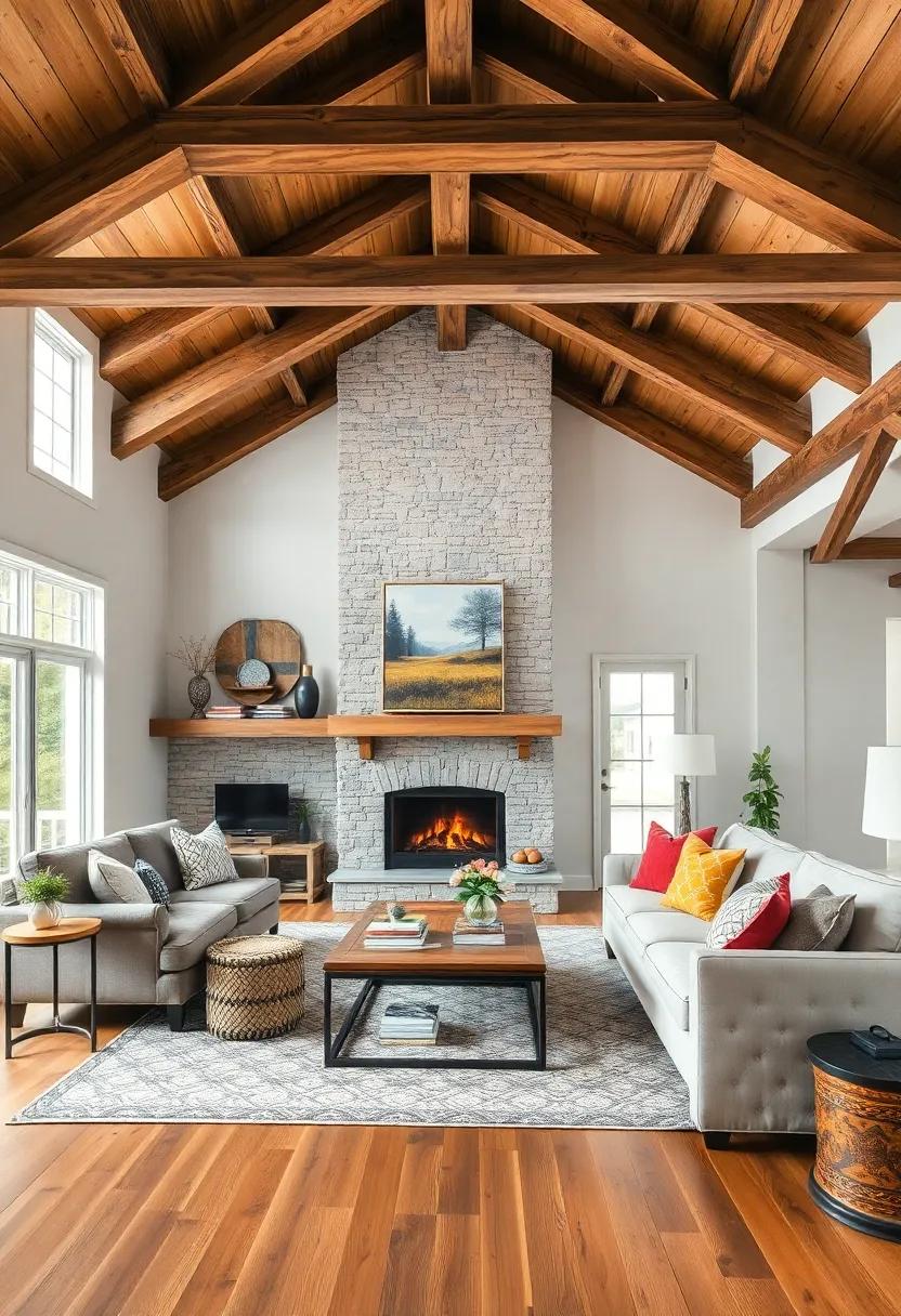 Embrace the Rustic Charm: This⁤ living room ⁣highlights exposed ​wood⁢ beams that crisscross the ceiling, complementing cozy, overstuffed furniture and a roaring ⁢fire