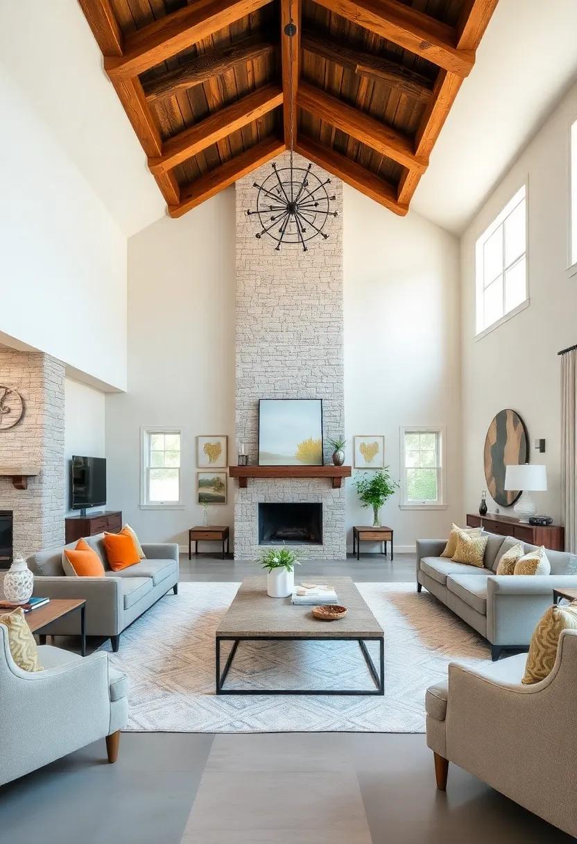 The‌ Grand Focal Point: A soaring ceiling with bold beams becomes the centerpiece in this expansive ⁤living room, setting the stage for sophisticated gatherings