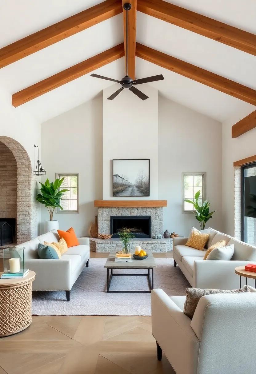 The Perfect Balance:‌ This living room perfectly balances rustic wood beams with sleek modern furniture, illustrating that farmhouse ⁣style can be both timeless‍ and trendy
