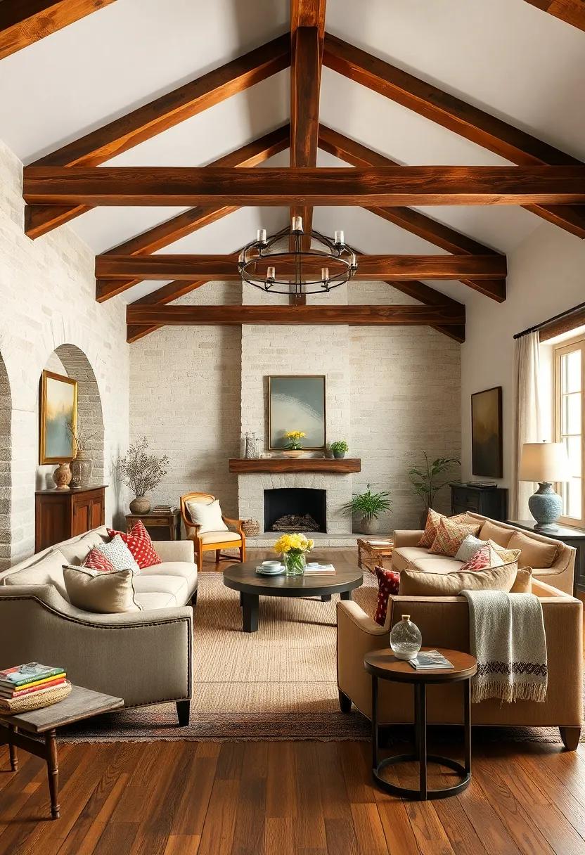 A Touch of vintage: Ornate wooden beams set a ‌nostalgic tone ‌in this‍ living room,⁤ where antique furniture and soft⁤ textiles wrap‍ guests in a welcoming ⁣atmosphere